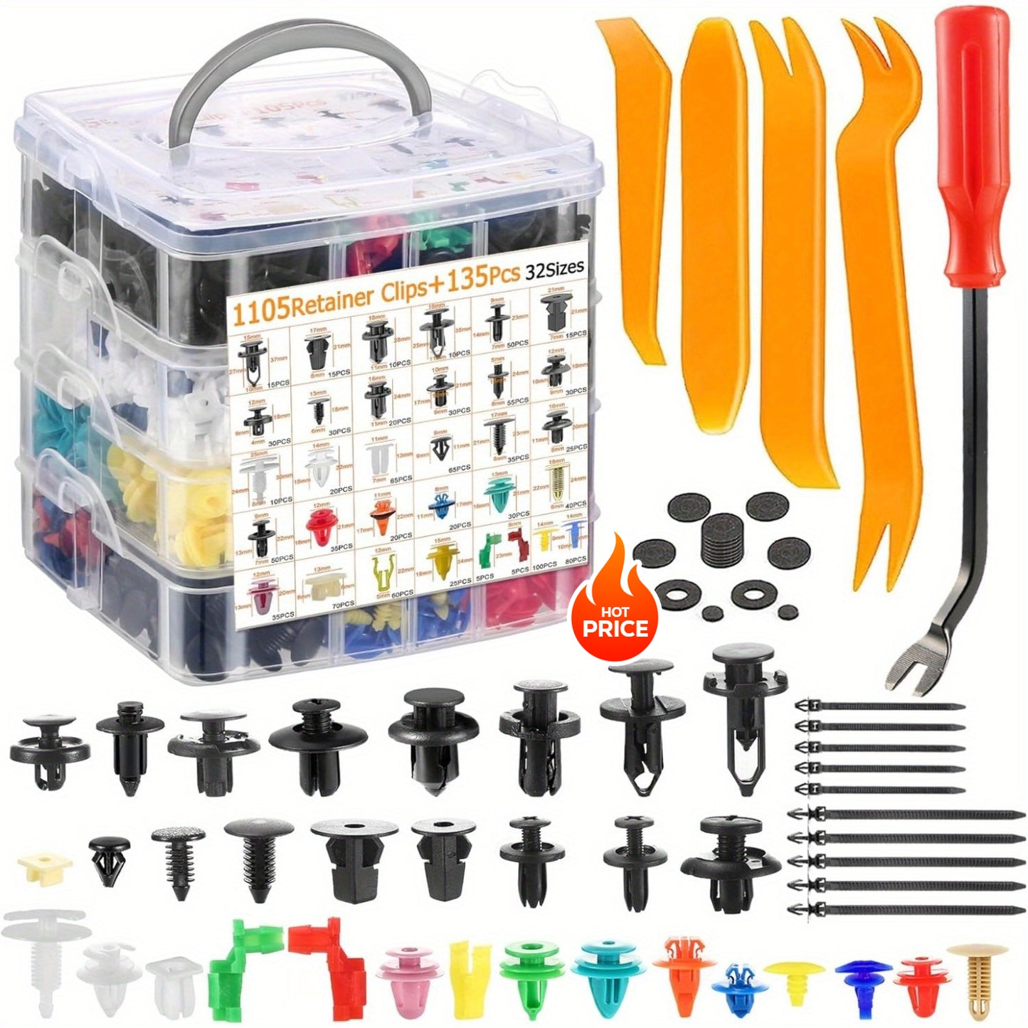 415pcs or 1240pcs Car Accessories - Car Push Retainer Clips & Auto Fasteners Kit - 32 Most Popular Sizes Nylon Bumper Fender Rivets with 10 Cable Ties and Fasteners Remover