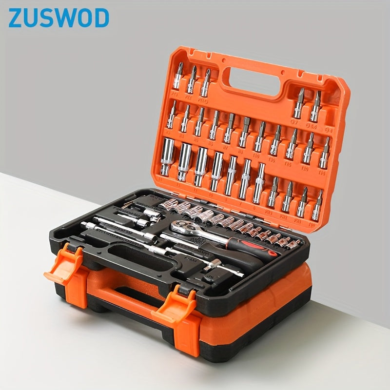 53/50pcs Cr-V Impact Socket Set, 3/8" Drive, 6-Point Design, SAE (5/16" To 3/4") & Metric (8 To 22mm) Sizes, Includes Ratchet Handle, Extension Bar, Joint, And Gloves
