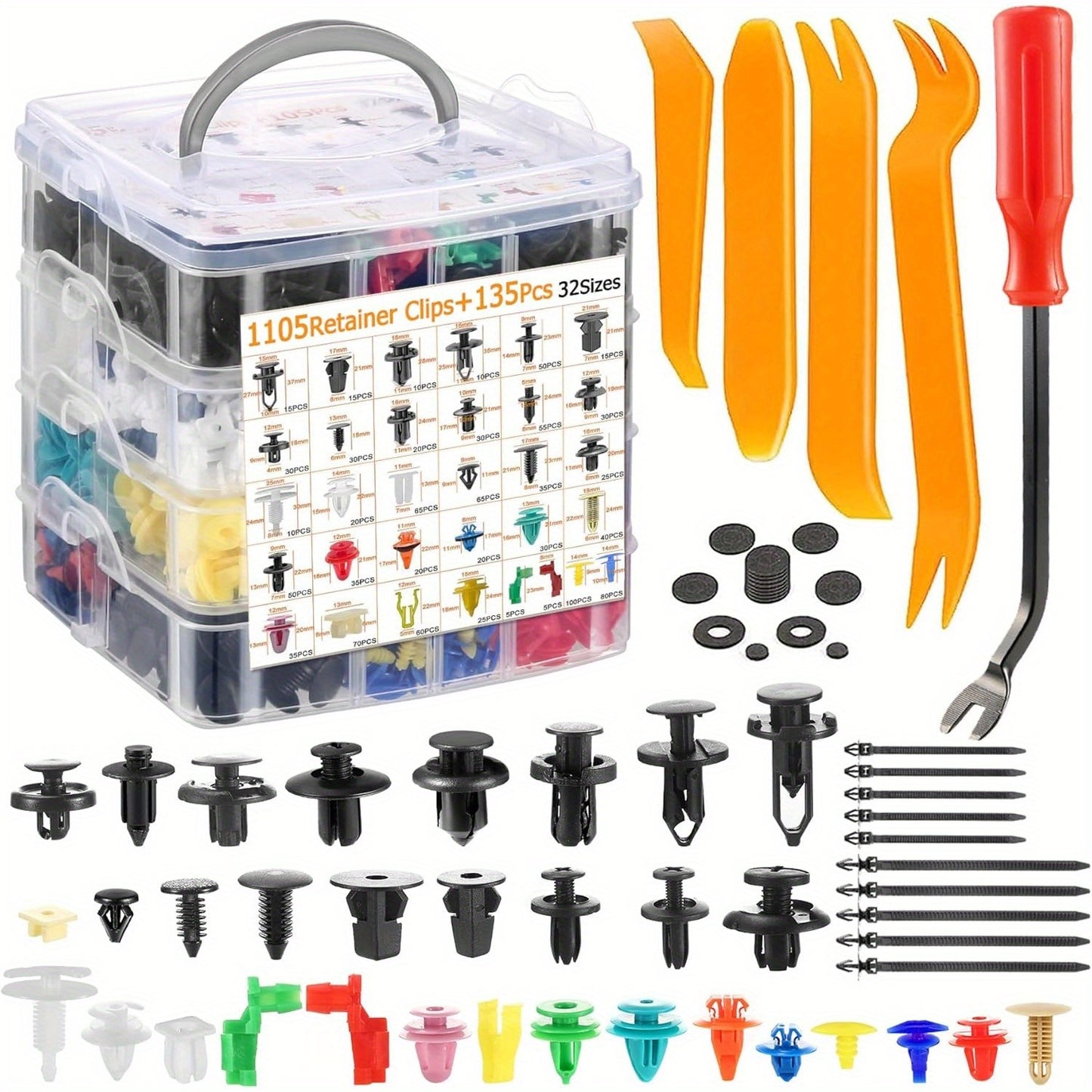 415pcs or 1240pcs Car Accessories - Car Push Retainer Clips & Auto Fasteners Kit - 32 Most Popular Sizes Nylon Bumper Fender Rivets with 10 Cable Ties and Fasteners Remover
