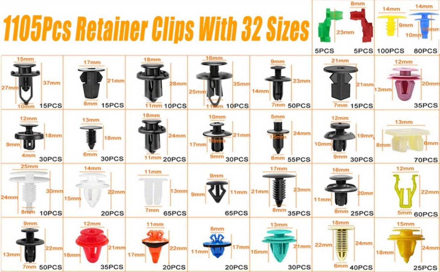 415pcs or 1240pcs Car Accessories - Car Push Retainer Clips & Auto Fasteners Kit - 32 Most Popular Sizes Nylon Bumper Fender Rivets with 10 Cable Ties and Fasteners Remover