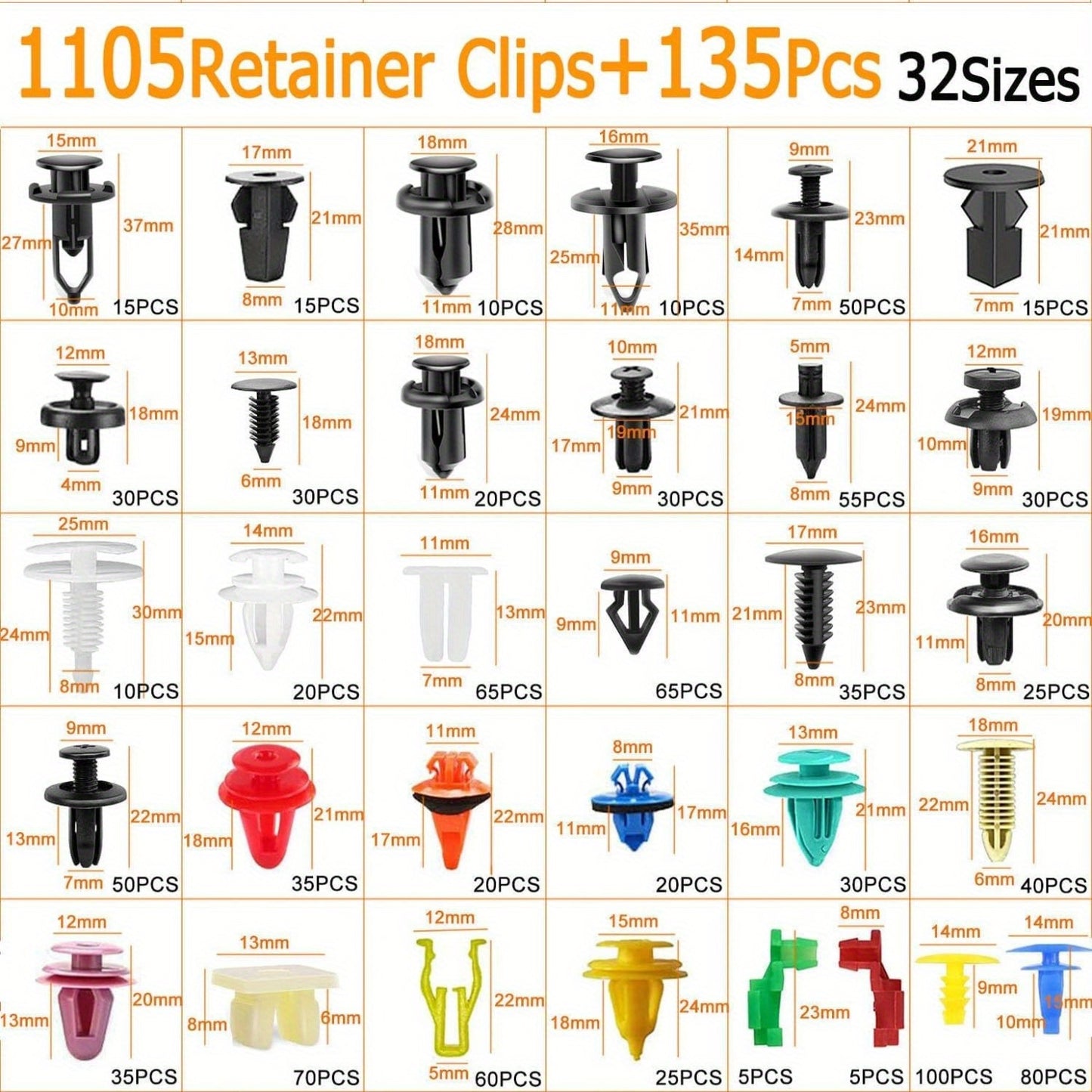 415pcs or 1240pcs Car Accessories - Car Push Retainer Clips & Auto Fasteners Kit - 32 Most Popular Sizes Nylon Bumper Fender Rivets with 10 Cable Ties and Fasteners Remover