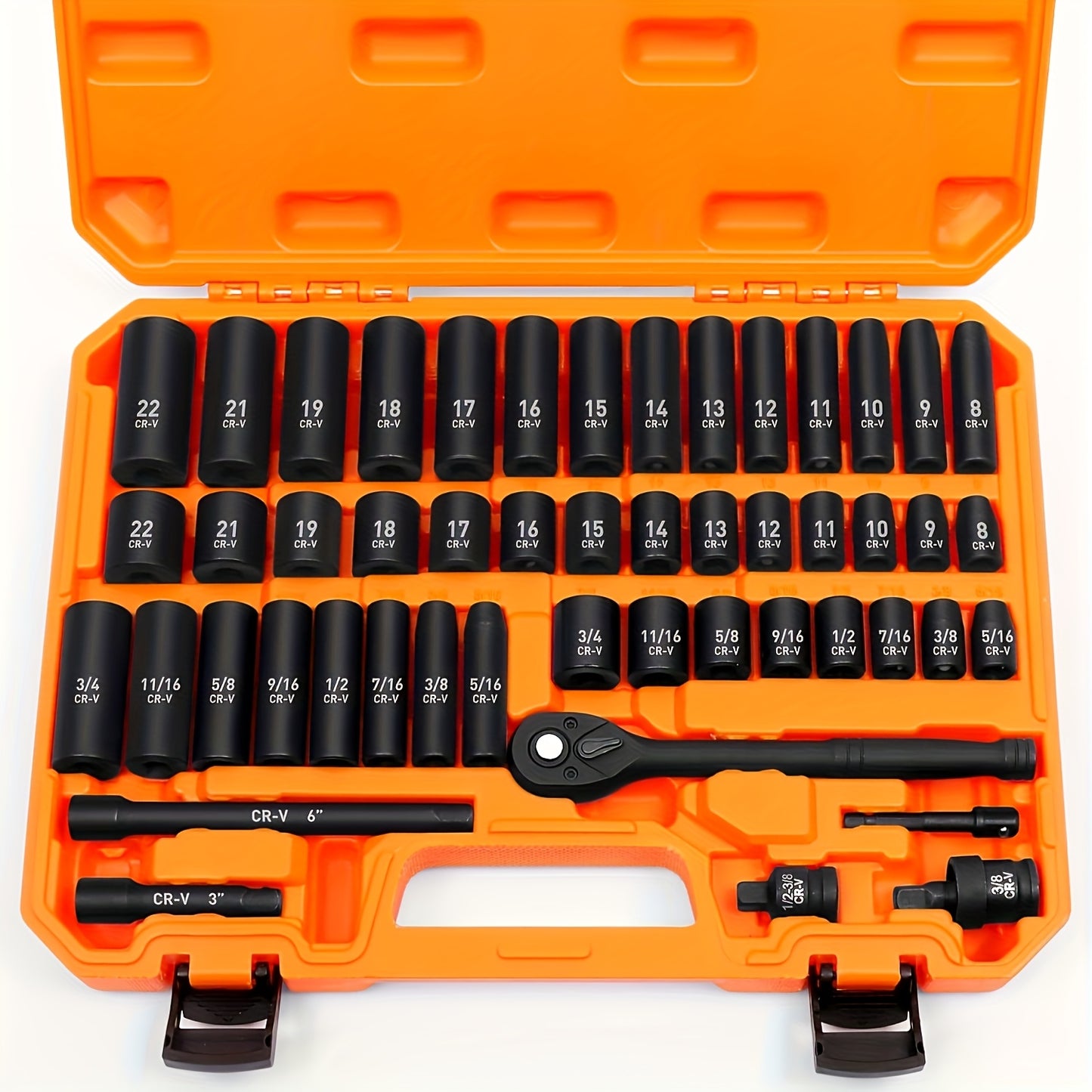 53/50pcs Cr-V Impact Socket Set, 3/8" Drive, 6-Point Design, SAE (5/16" To 3/4") & Metric (8 To 22mm) Sizes, Includes Ratchet Handle, Extension Bar, Joint, And Gloves