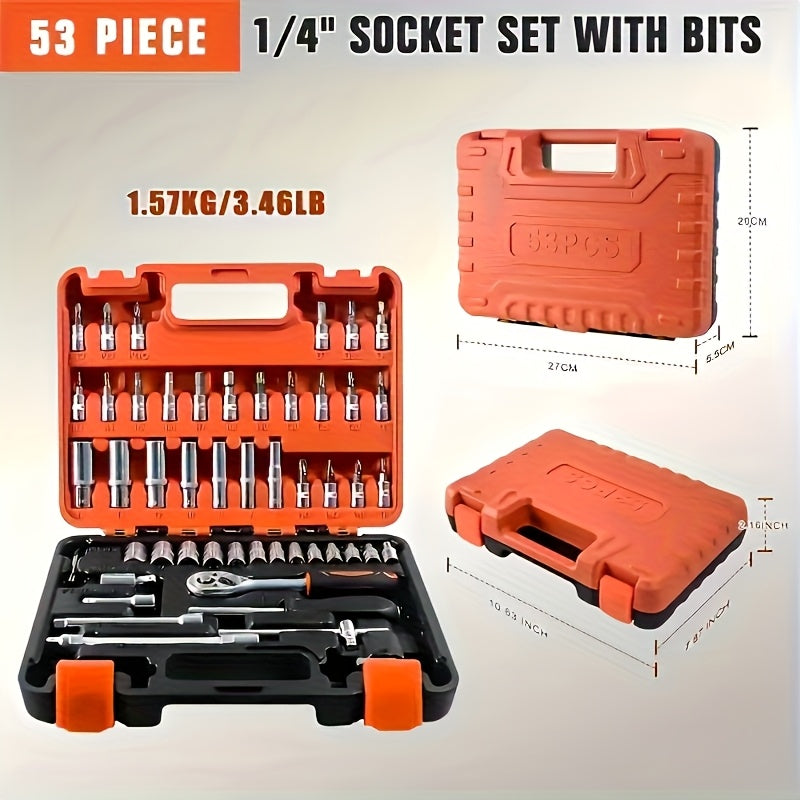 53/50pcs Cr-V Impact Socket Set, 3/8" Drive, 6-Point Design, SAE (5/16" To 3/4") & Metric (8 To 22mm) Sizes, Includes Ratchet Handle, Extension Bar, Joint, And Gloves