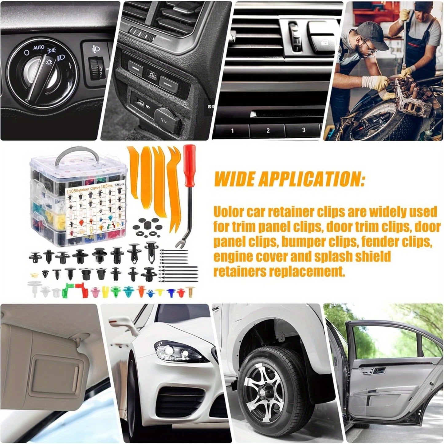 415pcs or 1240pcs Car Accessories - Car Push Retainer Clips & Auto Fasteners Kit - 32 Most Popular Sizes Nylon Bumper Fender Rivets with 10 Cable Ties and Fasteners Remover