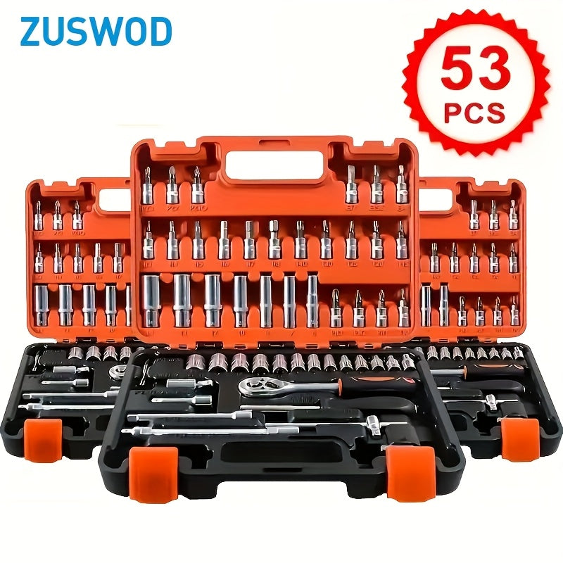 53/50pcs Cr-V Impact Socket Set, 3/8" Drive, 6-Point Design, SAE (5/16" To 3/4") & Metric (8 To 22mm) Sizes, Includes Ratchet Handle, Extension Bar, Joint, And Gloves