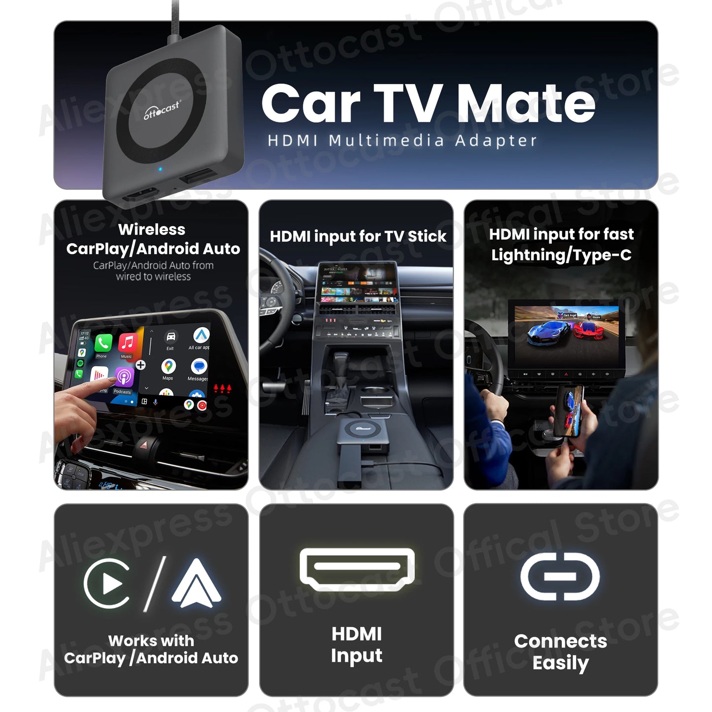 OTTOCAST Car TV Mate Pro C4 Wireless CarPlay Android Auto Adapter Multimedia Adapter Video Converter for HDMI for TV Sticks New
