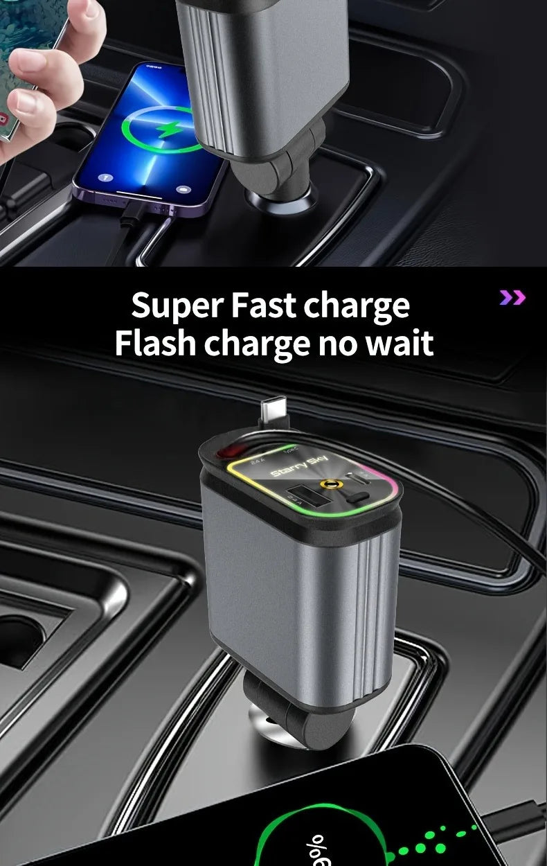 4in1 Retractable Car Charger with USB Roof Star Type-C Cable for iPhone Fast Charging Cigarette Lighter Adapter Starlight Phone