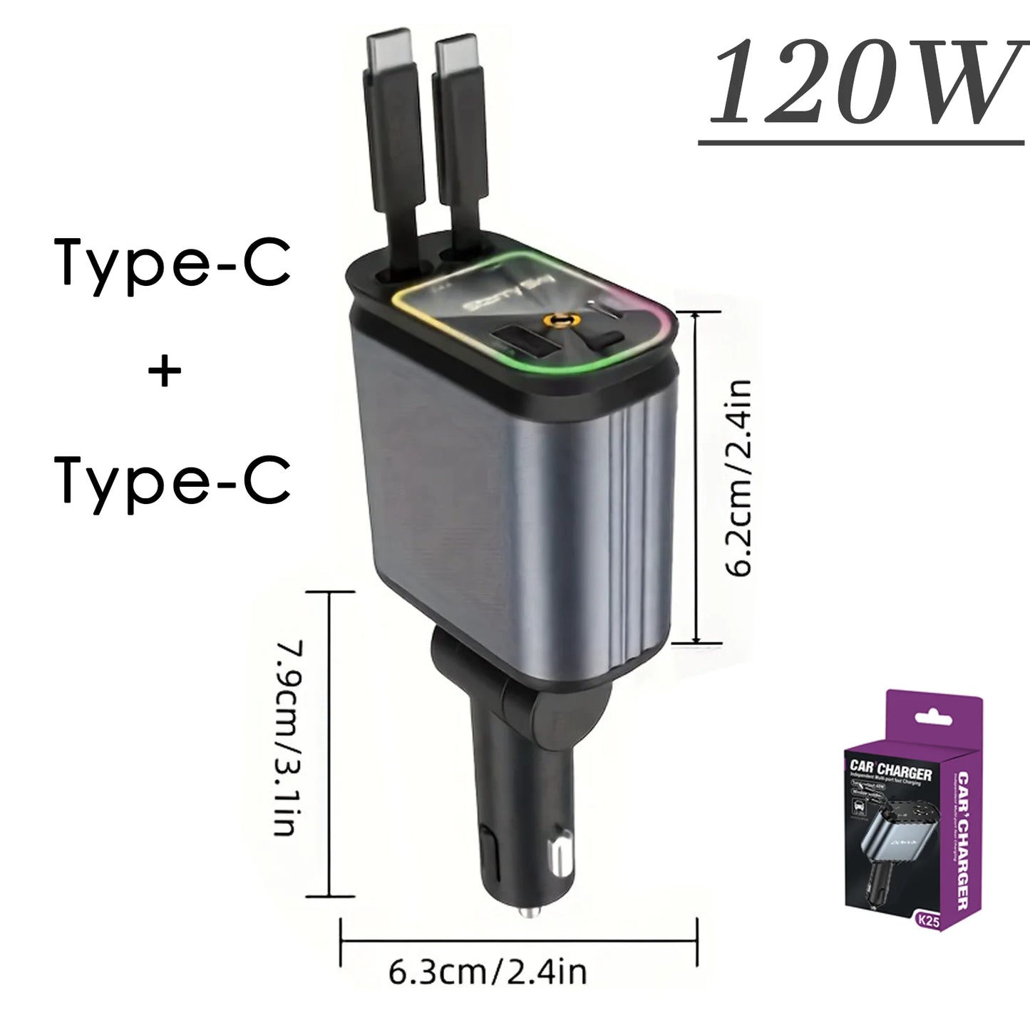 4in1 Retractable Car Charger with USB Roof Star Type-C Cable for iPhone Fast Charging Cigarette Lighter Adapter Starlight Phone