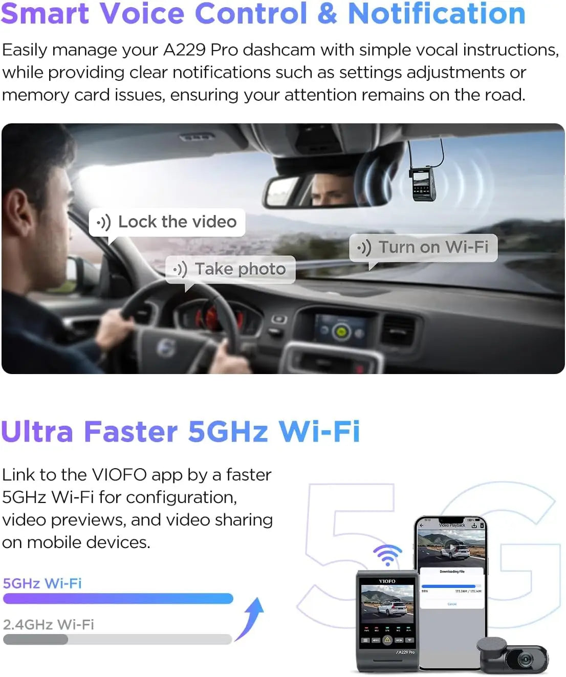A229 Pro 4K HDR Dash Cam, Dual STARVIS 2 IMX678 IMX675, 4K+2K Front and Rear Car Camera, 2 Channel with HDR, Voice Control