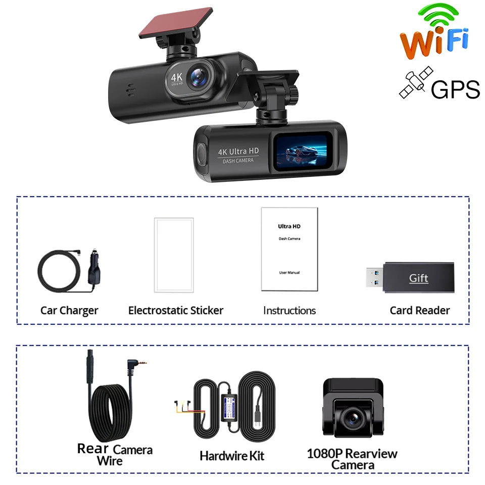 E-ACE Dashcam 4K GPS WIFI front and rear 3 channel car dvr dash cam usb 2 camera Video recorder Black box auto systems Smart