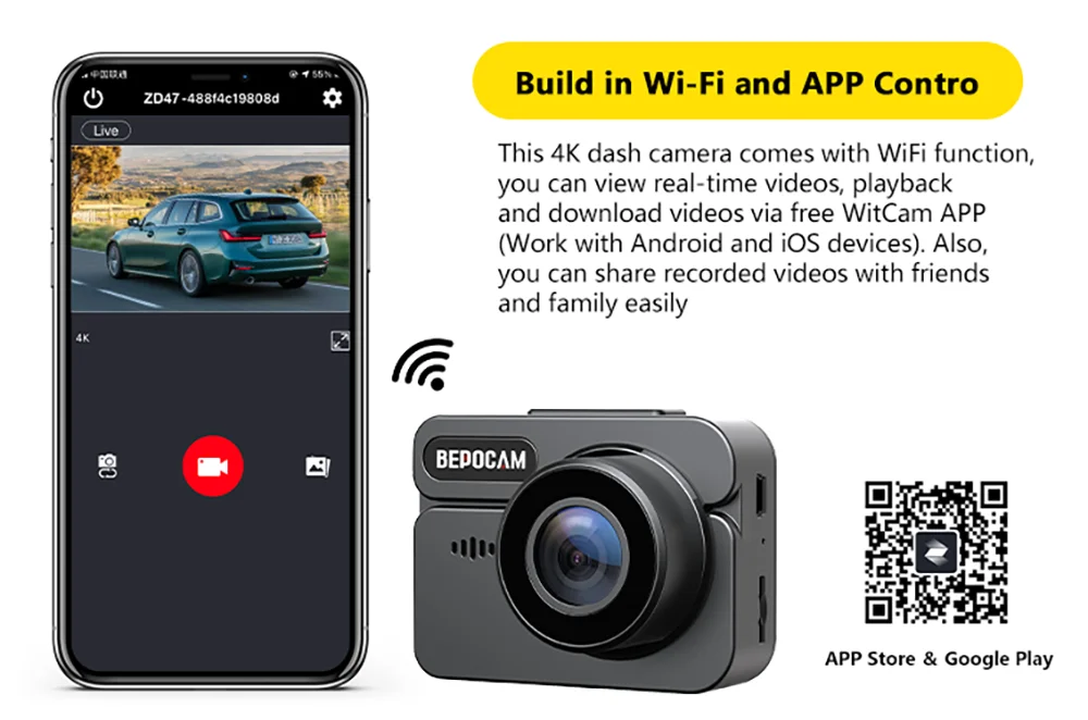 BEPOCAM Dash Cam ZD47 4K HD Dash Car Camera 2" Screen F1.8 Night Vision WDR Car DVR Built-In GPS Wi-Fi G-Sensor Motion Detection