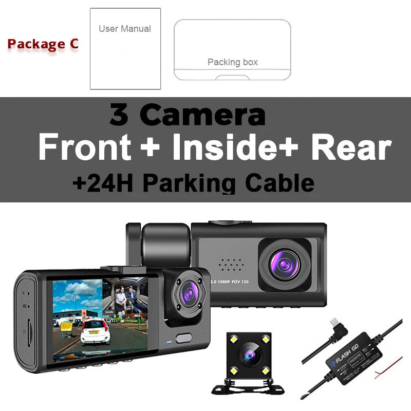 Dash Cam FHD 1080P Car Video Recorder 3 in 1 Car DVR Dashcam Rear View Camera with Rear lens Night Vision For Truck Taxi