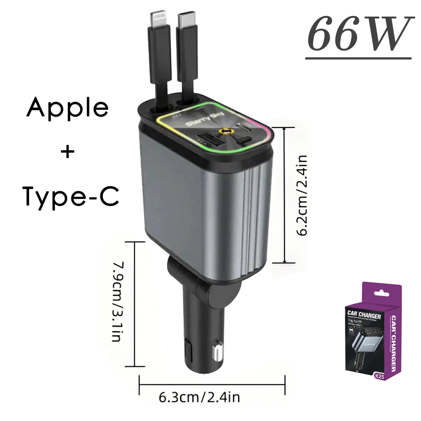 4in1 Retractable Car Charger with USB Roof Star Type-C Cable for iPhone Fast Charging Cigarette Lighter Adapter Starlight Phone