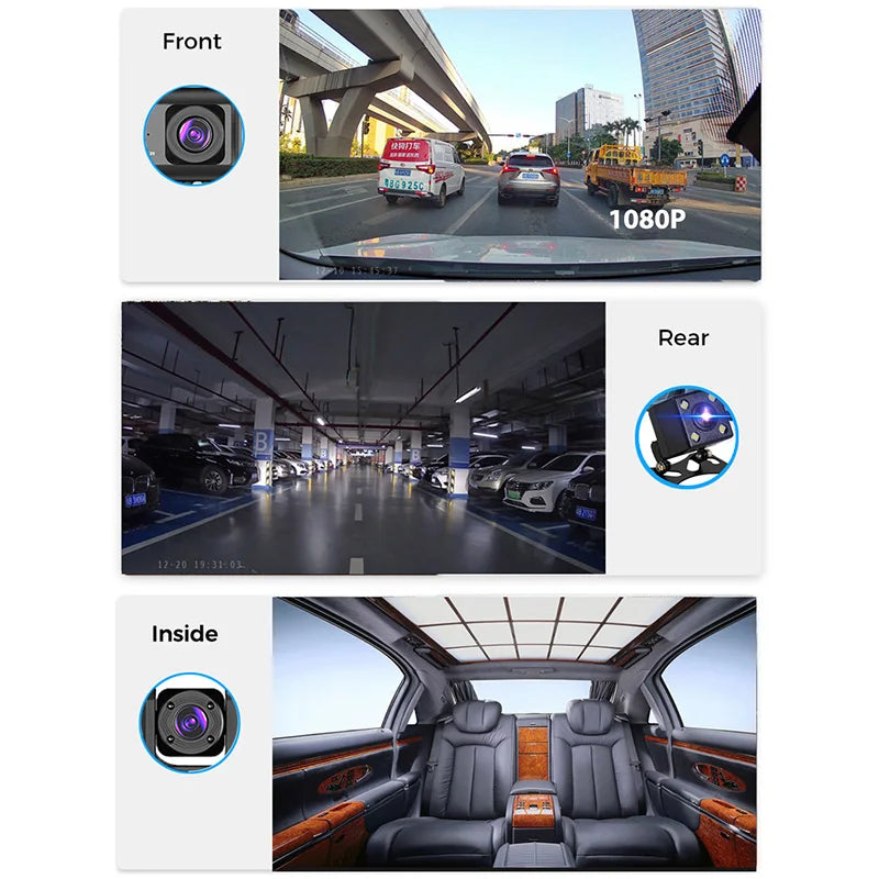 Dash Cam FHD 1080P Car Video Recorder 3 in 1 Car DVR Dashcam Rear View Camera with Rear lens Night Vision For Truck Taxi