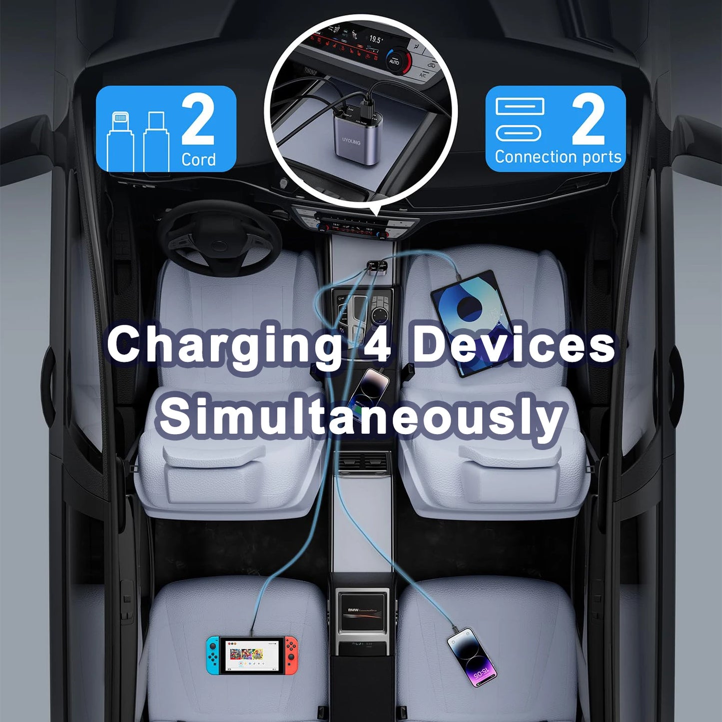 4in1 Retractable Car Charger with USB Roof Star Type-C Cable for iPhone Fast Charging Cigarette Lighter Adapter Starlight Phone
