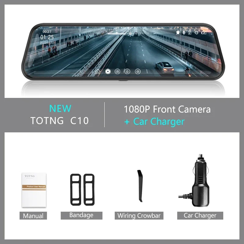 10-Inch Car Touch Screen Rearview Mirror Camera, featuring Front and Rear DVR Dash Cam, Video Recorder BlackBox for Enhanced Driving Safety