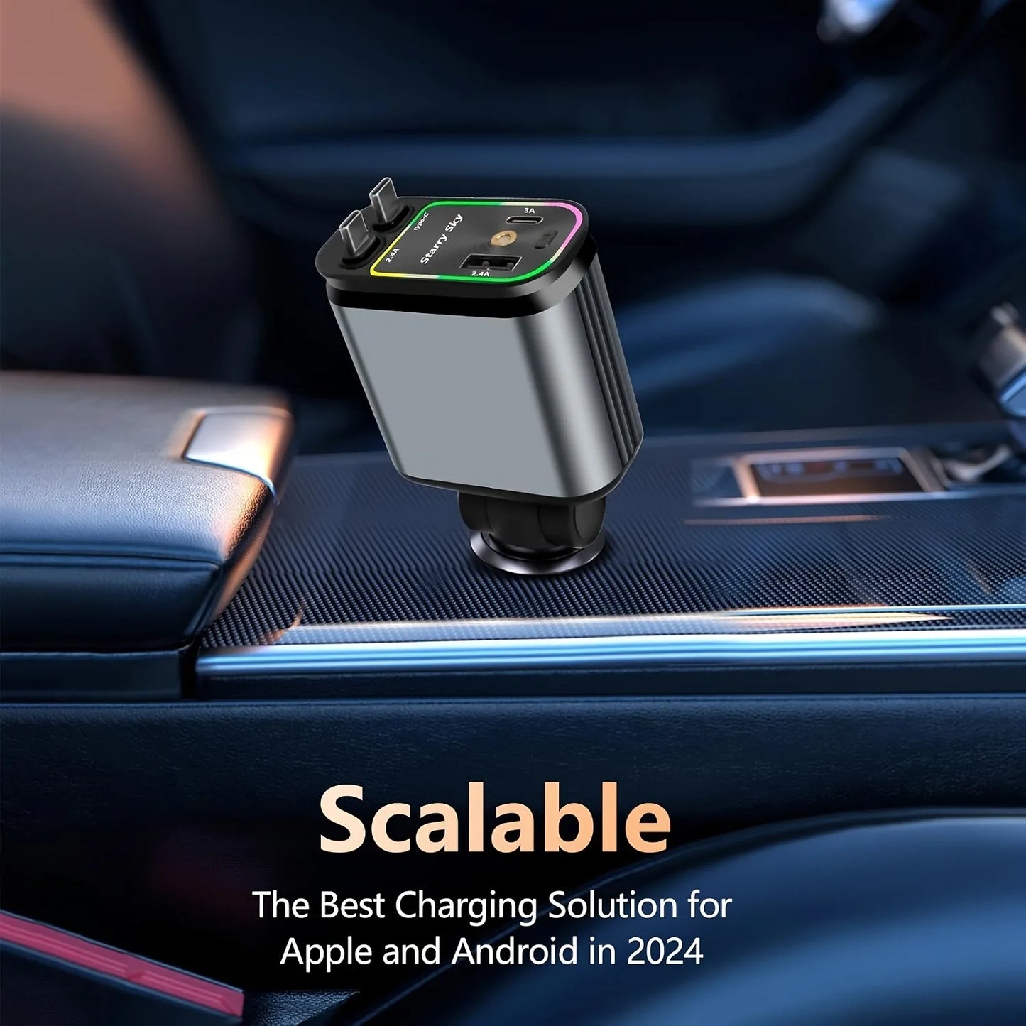 4in1 Retractable Car Charger with USB Roof Star Type-C Cable for iPhone Fast Charging Cigarette Lighter Adapter Starlight Phone