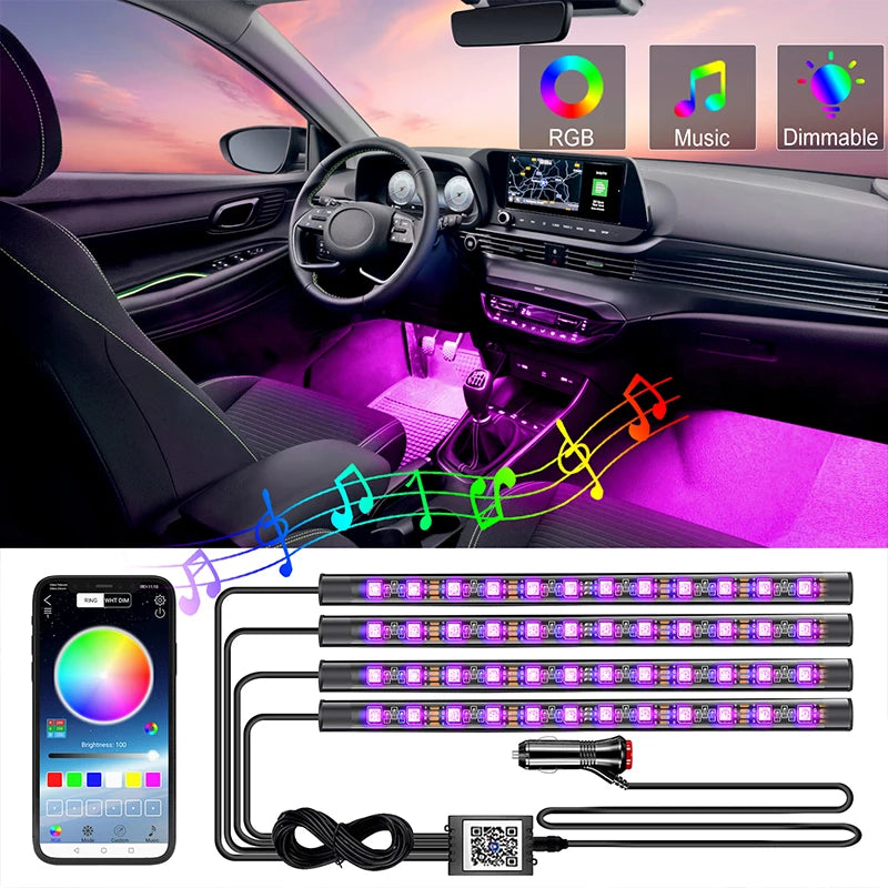 Car Ambient Led Interior Light RGB LED Backlight Strip Sync to Music Bluetooth App Control Auto Decoration Lights Car Lamp