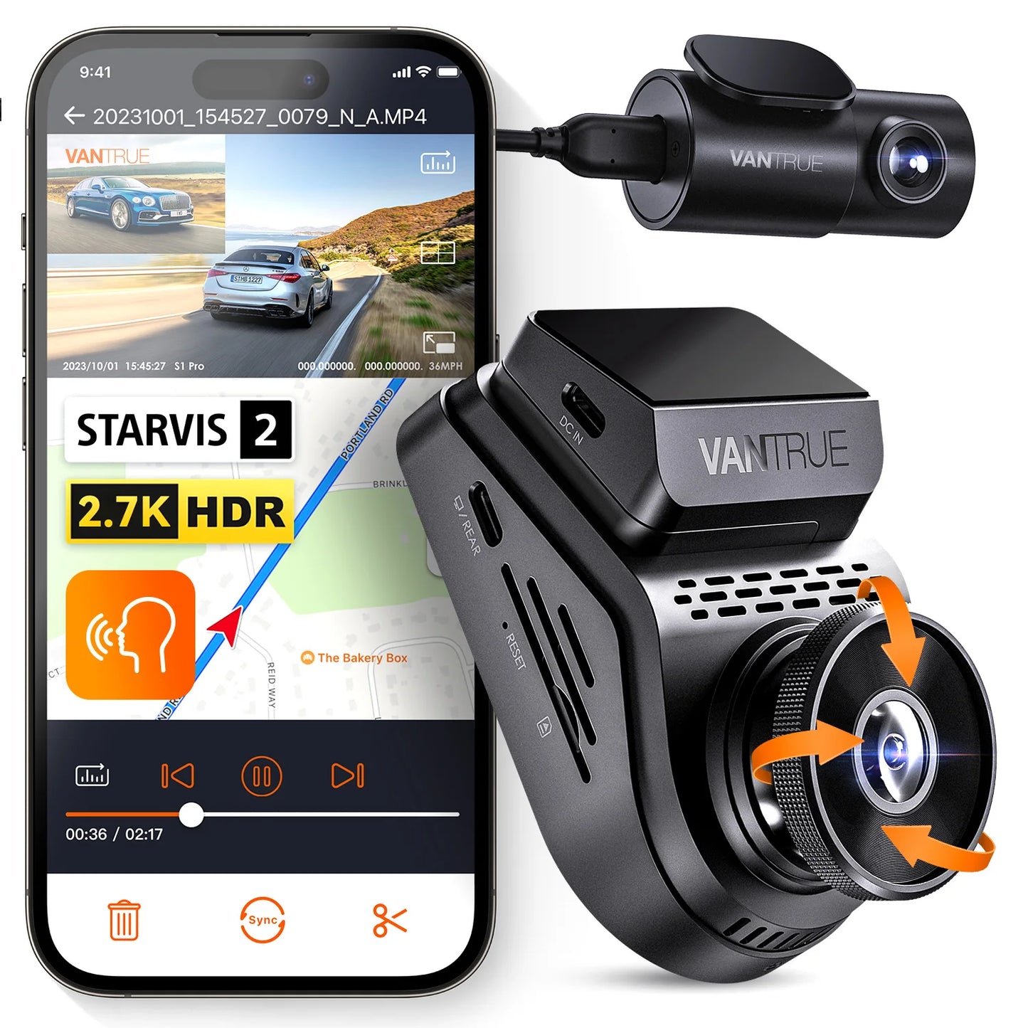 Vantrue S1Pro DashCam 2.7K Dual Dash Cam Front and Rear 5G WiFi 60FPS Hidden Dash Camera w/HDR Night Vision GPS Voice Control