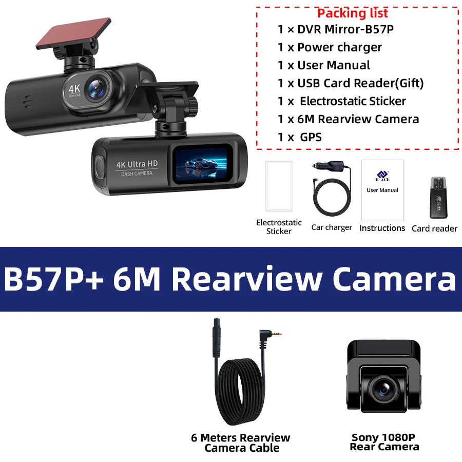 E-ACE Dashcam 4K GPS WIFI front and rear 3 channel car dvr dash cam usb 2 camera Video recorder Black box auto systems Smart