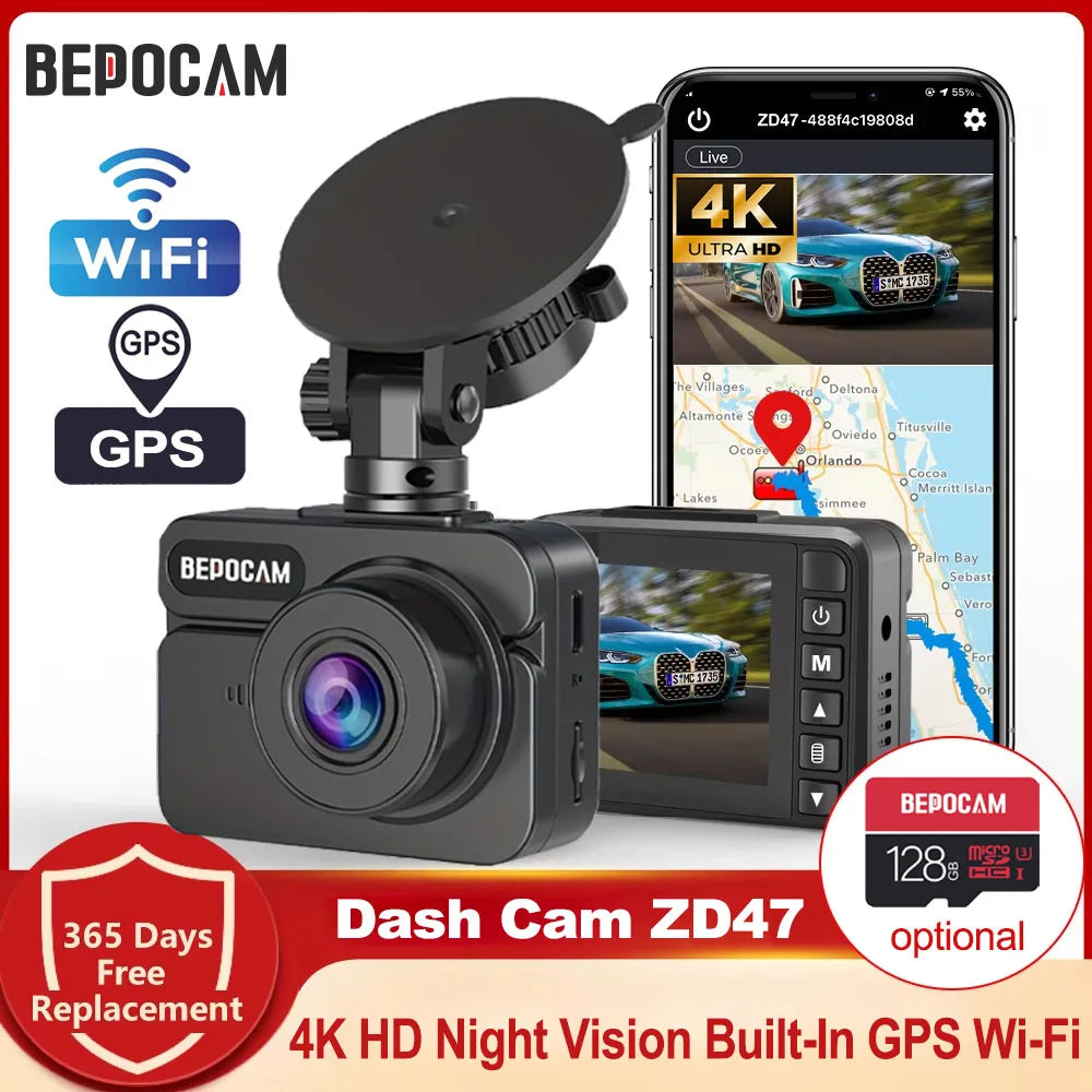 BEPOCAM Dash Cam ZD47 4K HD Dash Car Camera 2" Screen F1.8 Night Vision WDR Car DVR Built-In GPS Wi-Fi G-Sensor Motion Detection