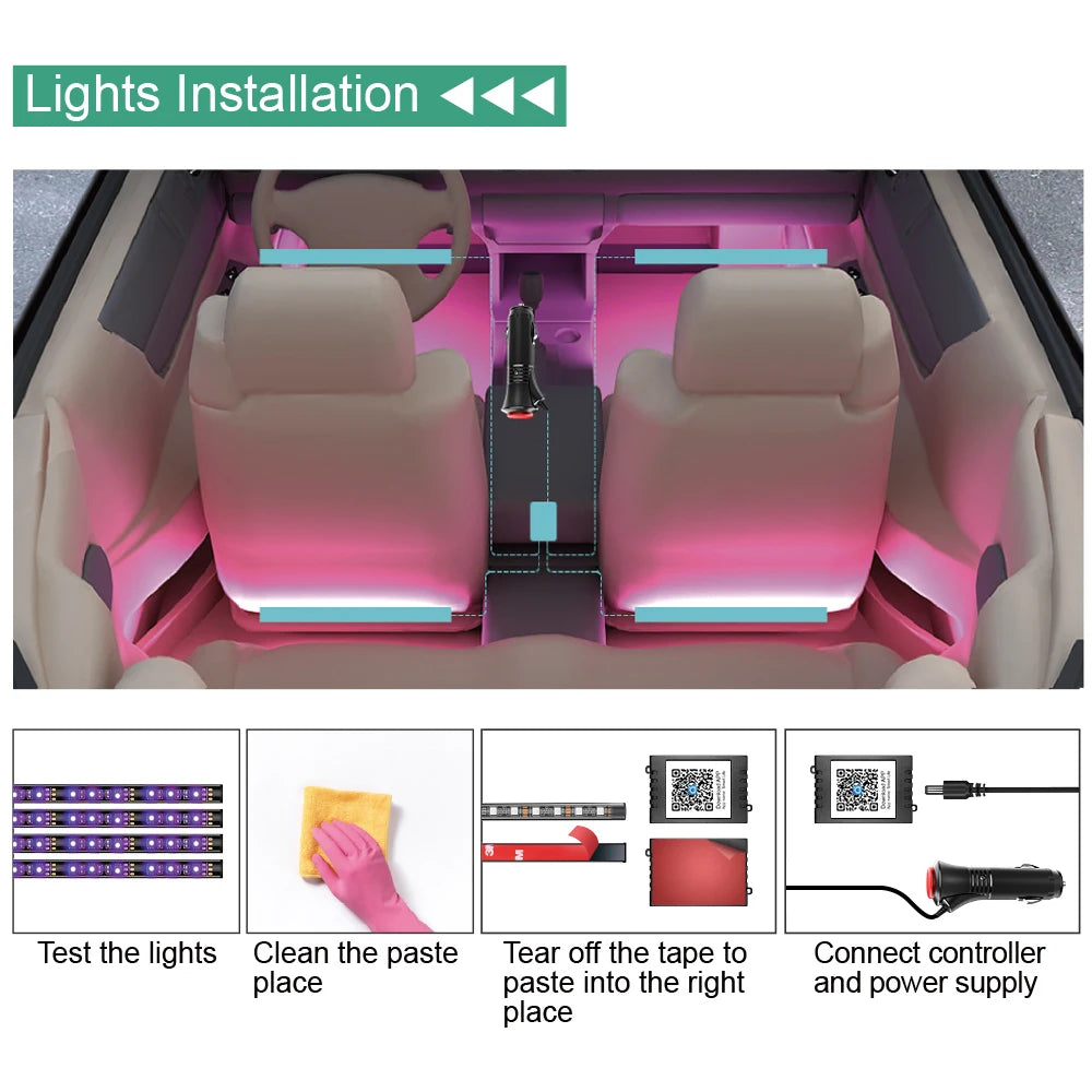 Car Ambient Led Interior Light RGB LED Backlight Strip Sync to Music Bluetooth App Control Auto Decoration Lights Car Lamp