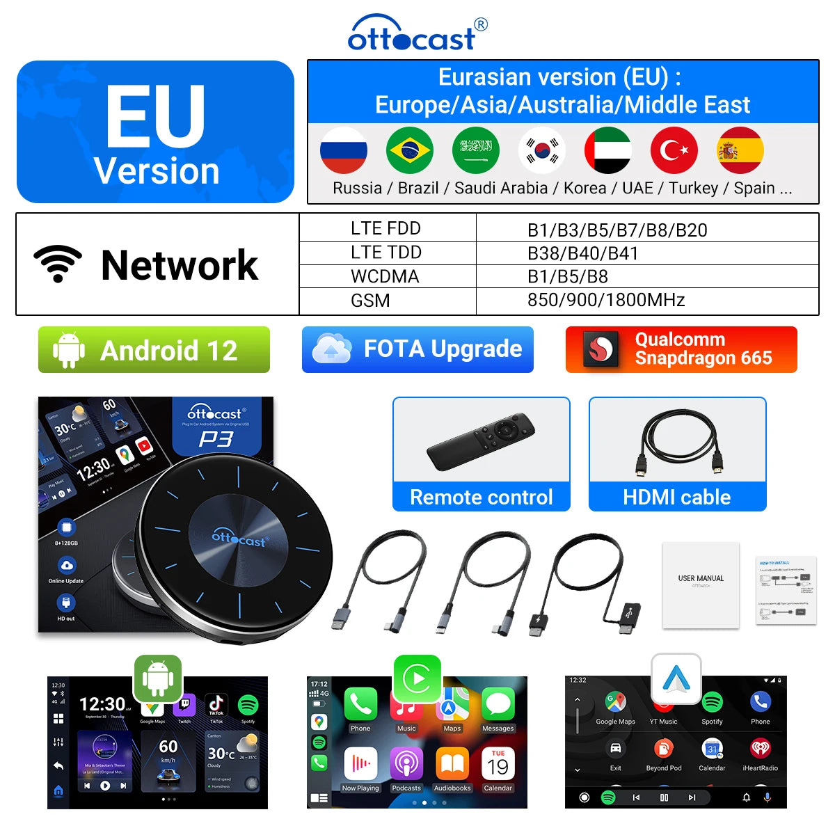 Ottocast CarPlay Ai Box Car Wireless Android Auto Car Play TV Video Accessories Novelty Auto Accessories P3 for HDMI Out