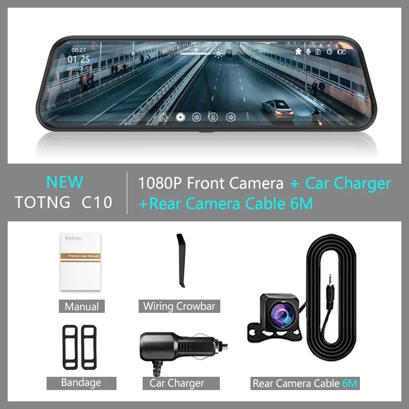 10-Inch Car Touch Screen Rearview Mirror Camera, featuring Front and Rear DVR Dash Cam, Video Recorder BlackBox for Enhanced Driving Safety