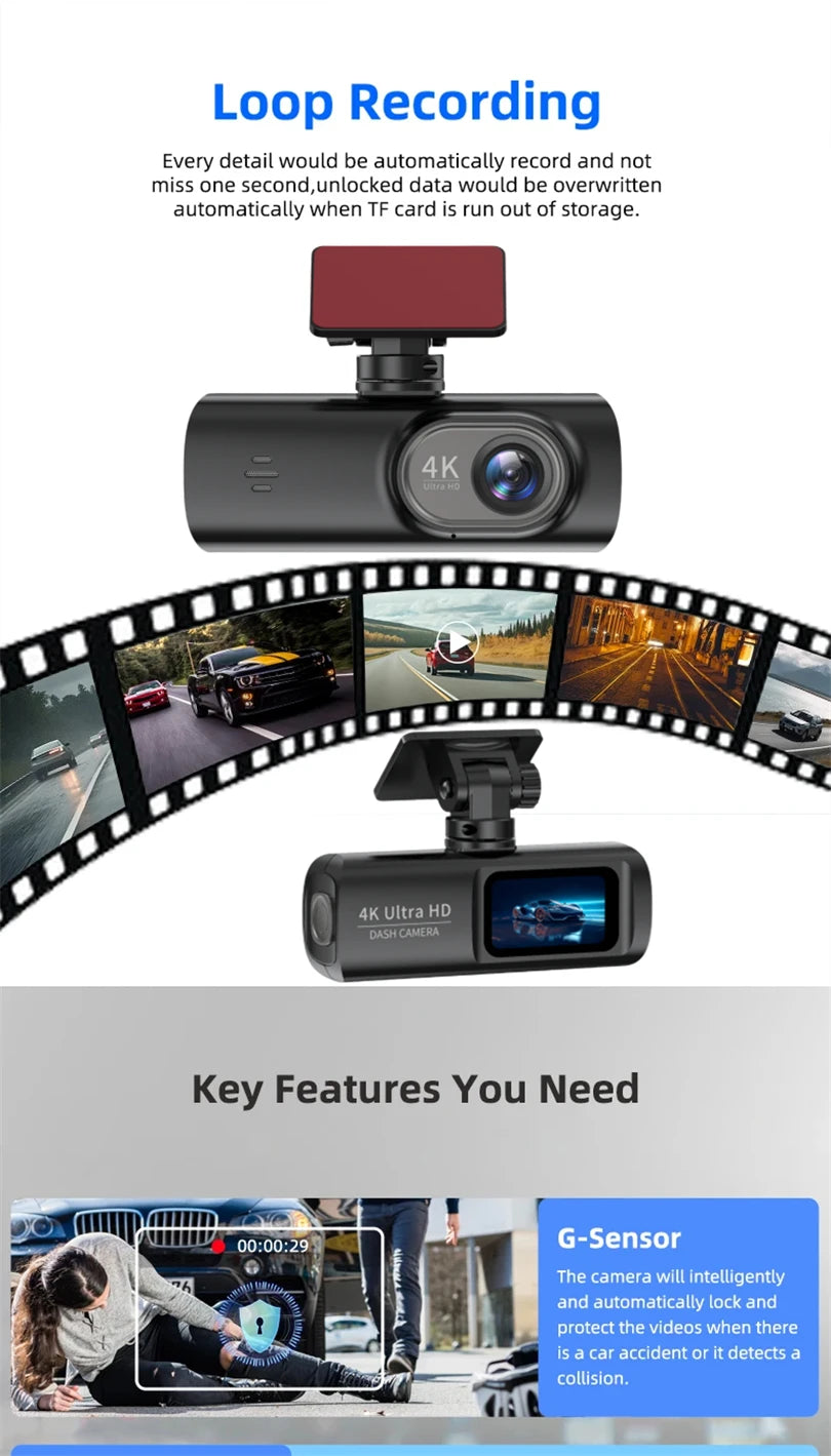 E-ACE Dashcam 4K GPS WIFI front and rear 3 channel car dvr dash cam usb 2 camera Video recorder Black box auto systems Smart