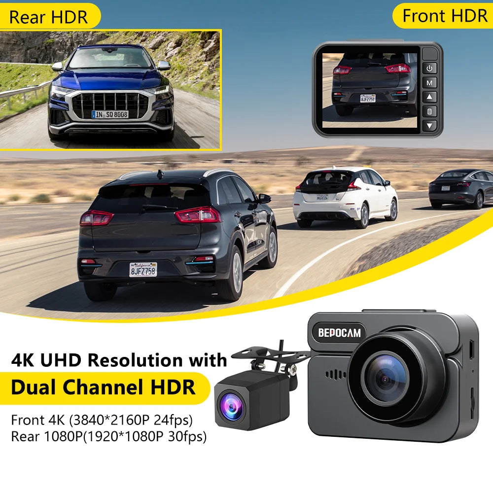 BEPOCAM Dash Cam ZD47 4K HD Dash Car Camera 2" Screen F1.8 Night Vision WDR Car DVR Built-In GPS Wi-Fi G-Sensor Motion Detection