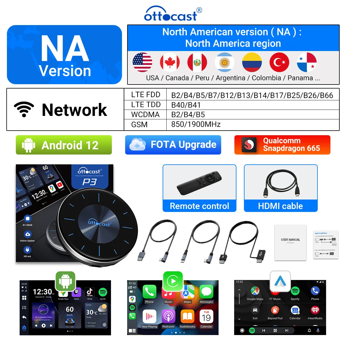 Ottocast CarPlay Ai Box Car Wireless Android Auto Car Play TV Video Accessories Novelty Auto Accessories P3 for HDMI Out