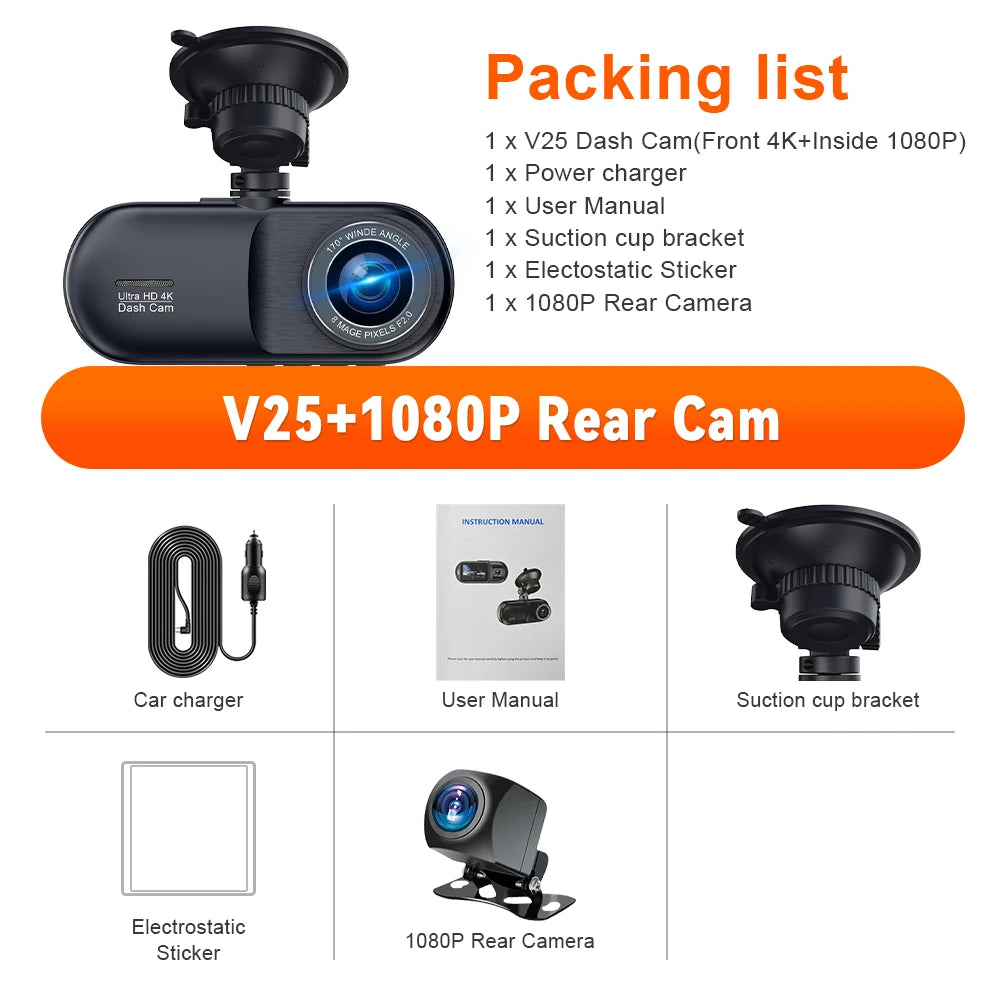 Soam 4K Car Dash Cam 3 Channel Front Rear And Inside Night Vision 24H Parking Monitor APP control Built-In WIFI Dvr Dash Cam