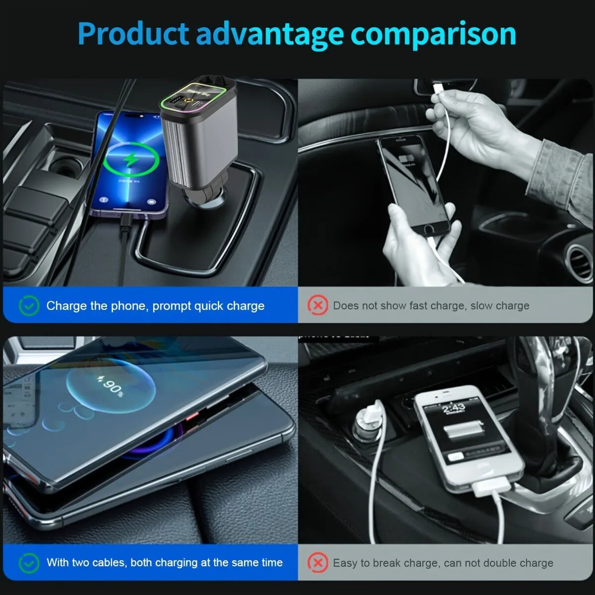 4in1 Retractable Car Charger with USB Roof Star Type-C Cable for iPhone Fast Charging Cigarette Lighter Adapter Starlight Phone