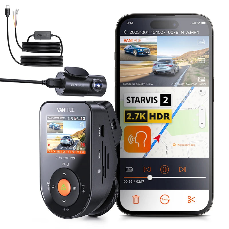 Vantrue S1Pro DashCam 2.7K Dual Dash Cam Front and Rear 5G WiFi 60FPS Hidden Dash Camera w/HDR Night Vision GPS Voice Control