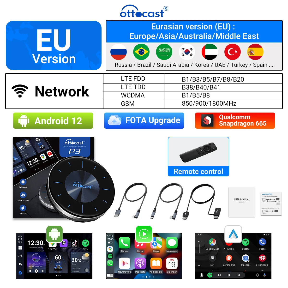 Ottocast CarPlay Ai Box Car Wireless Android Auto Car Play TV Video Accessories Novelty Auto Accessories P3 for HDMI Out