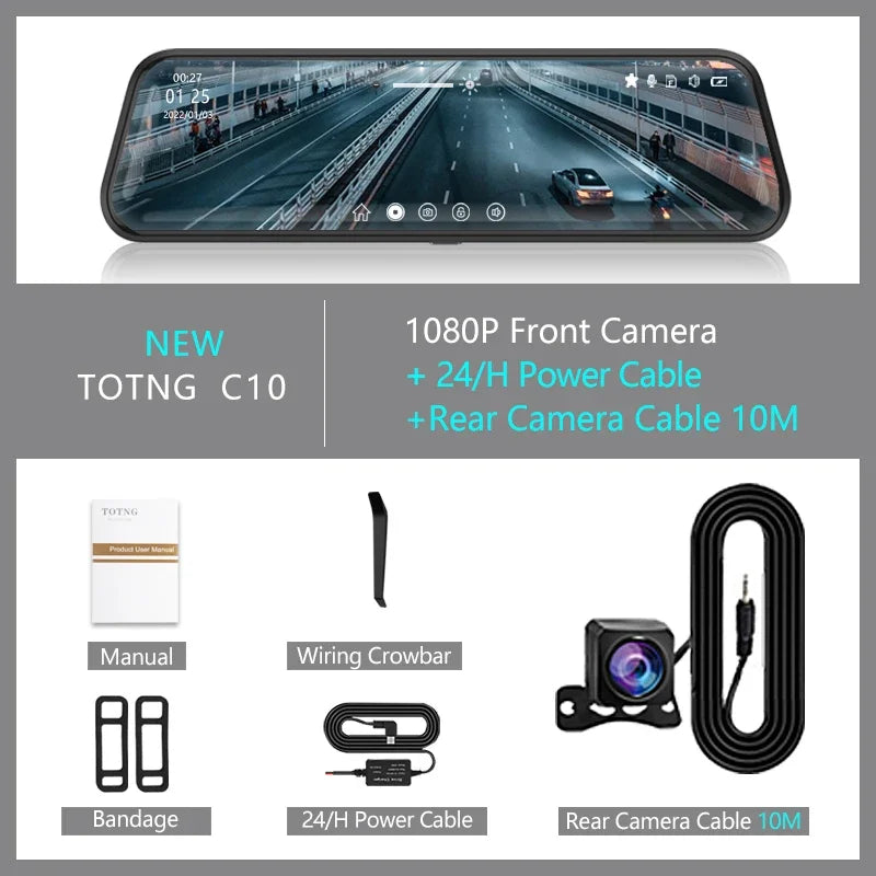 10-Inch Car Touch Screen Rearview Mirror Camera, featuring Front and Rear DVR Dash Cam, Video Recorder BlackBox for Enhanced Driving Safety