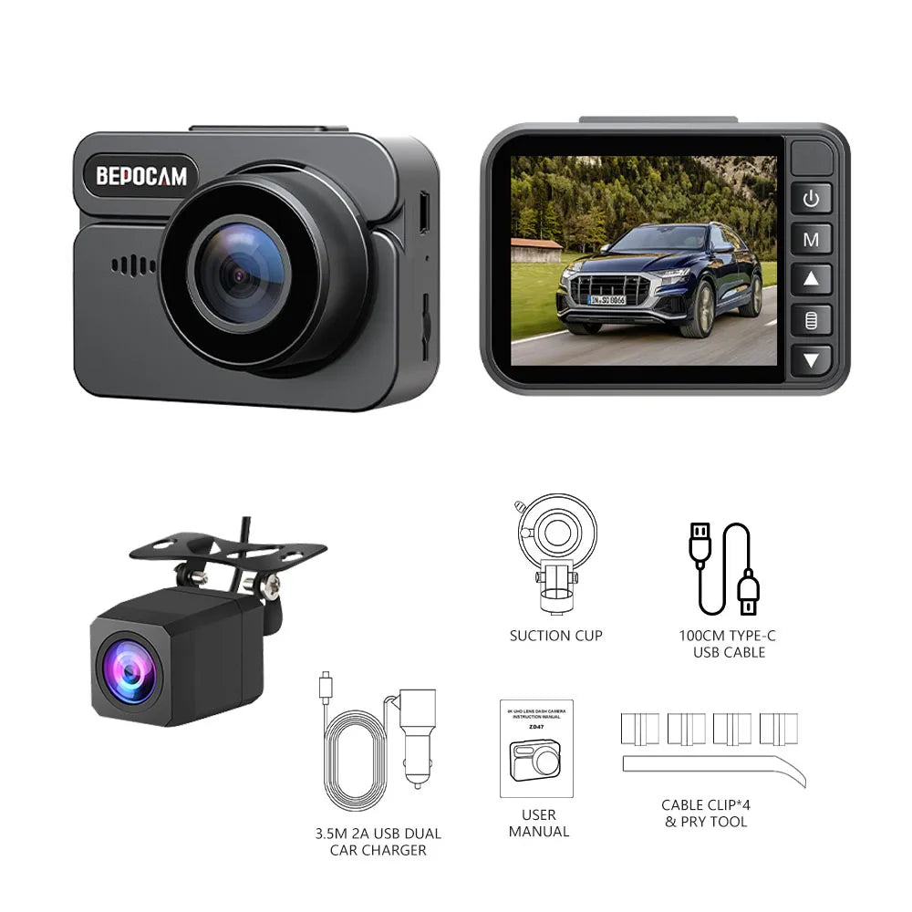 BEPOCAM Dash Cam ZD47 4K HD Dash Car Camera 2" Screen F1.8 Night Vision WDR Car DVR Built-In GPS Wi-Fi G-Sensor Motion Detection