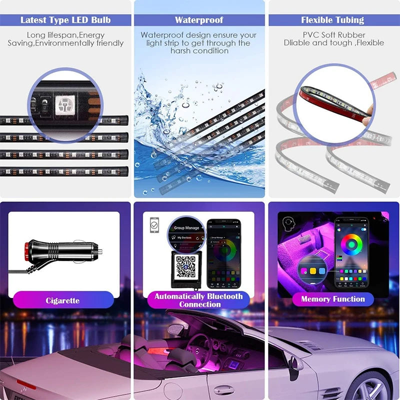 Car Ambient Led Interior Light RGB LED Backlight Strip Sync to Music Bluetooth App Control Auto Decoration Lights Car Lamp
