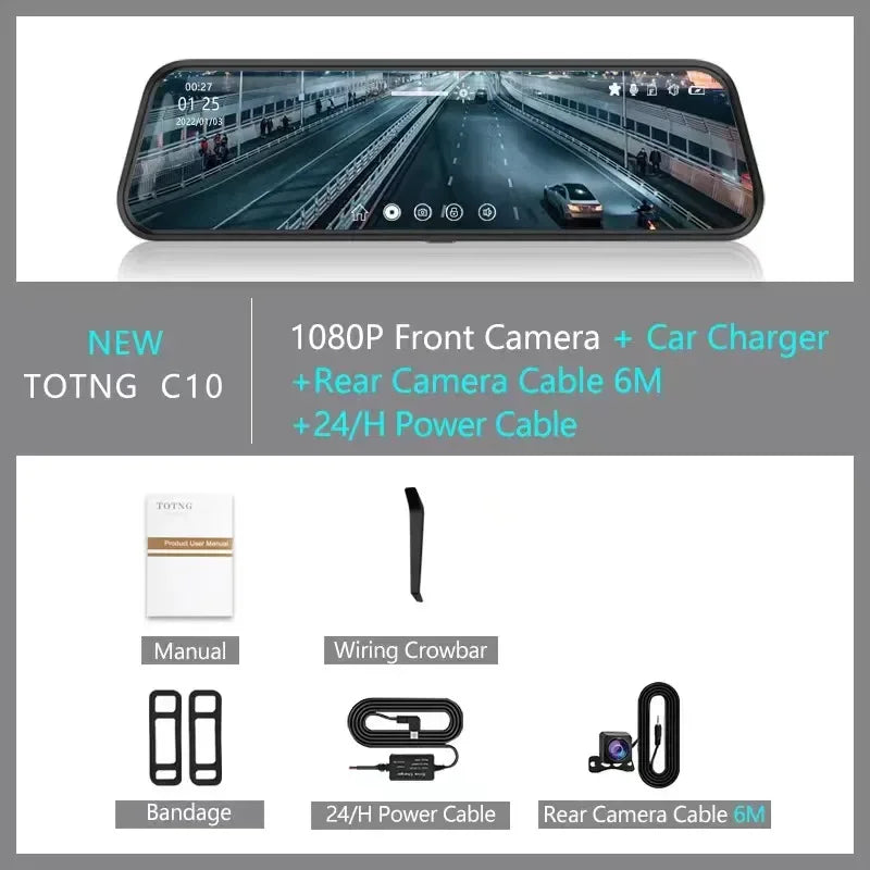 10-Inch Car Touch Screen Rearview Mirror Camera, featuring Front and Rear DVR Dash Cam, Video Recorder BlackBox for Enhanced Driving Safety