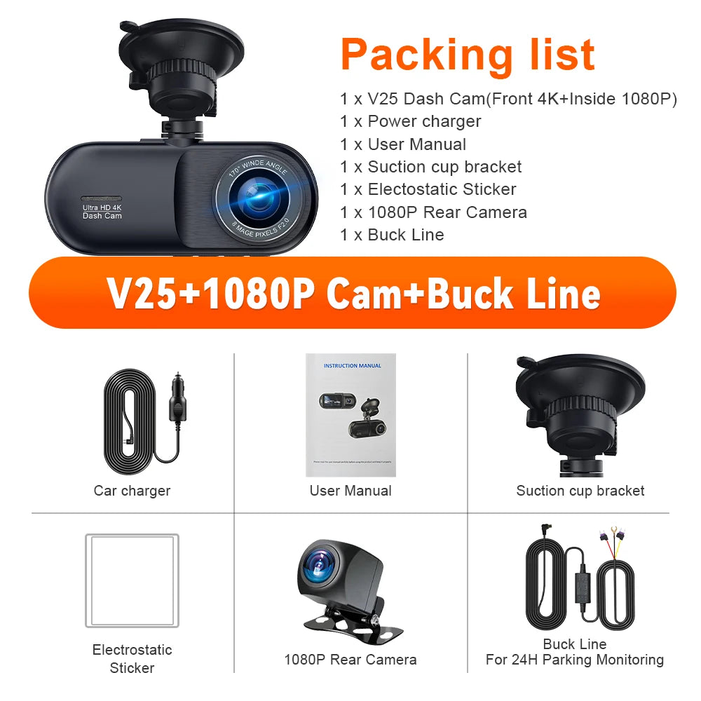 Soam 4K Car Dash Cam 3 Channel Front Rear And Inside Night Vision 24H Parking Monitor APP control Built-In WIFI Dvr Dash Cam