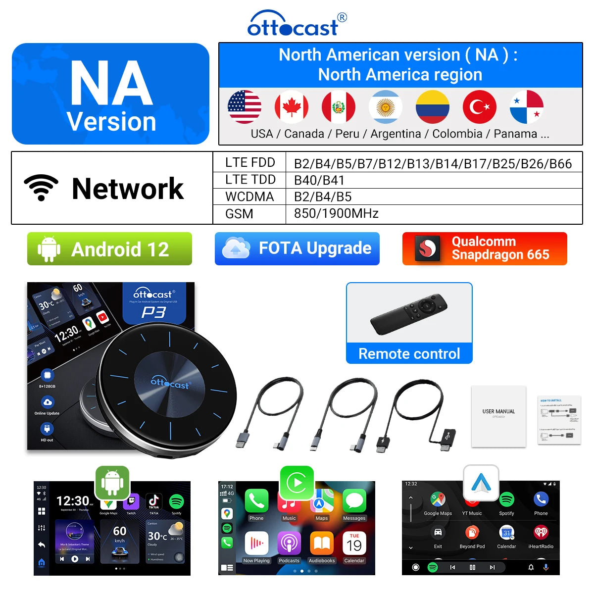 Ottocast CarPlay Ai Box Car Wireless Android Auto Car Play TV Video Accessories Novelty Auto Accessories P3 for HDMI Out