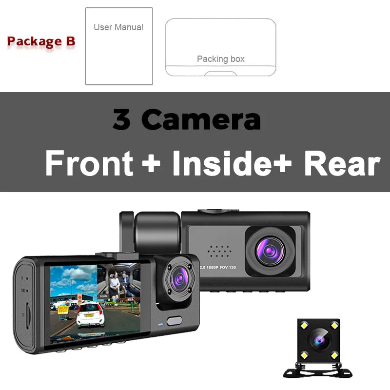 Dash Cam FHD 1080P Car Video Recorder 3 in 1 Car DVR Dashcam Rear View Camera with Rear lens Night Vision For Truck Taxi