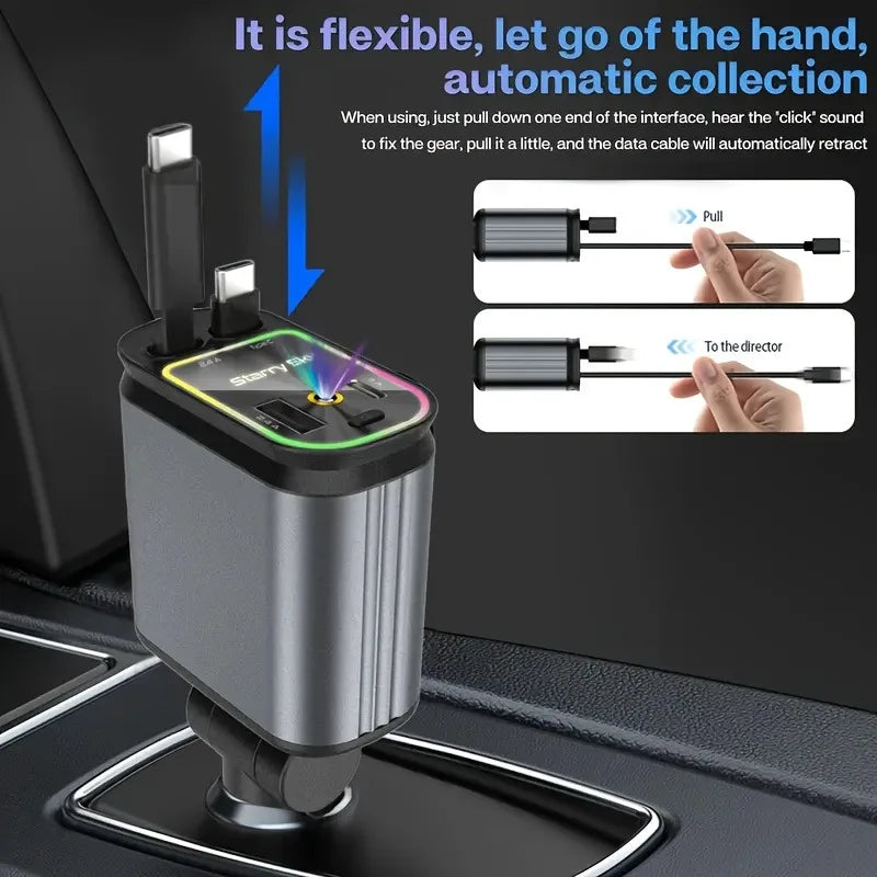 4in1 Retractable Car Charger with USB Roof Star Type-C Cable for iPhone Fast Charging Cigarette Lighter Adapter Starlight Phone
