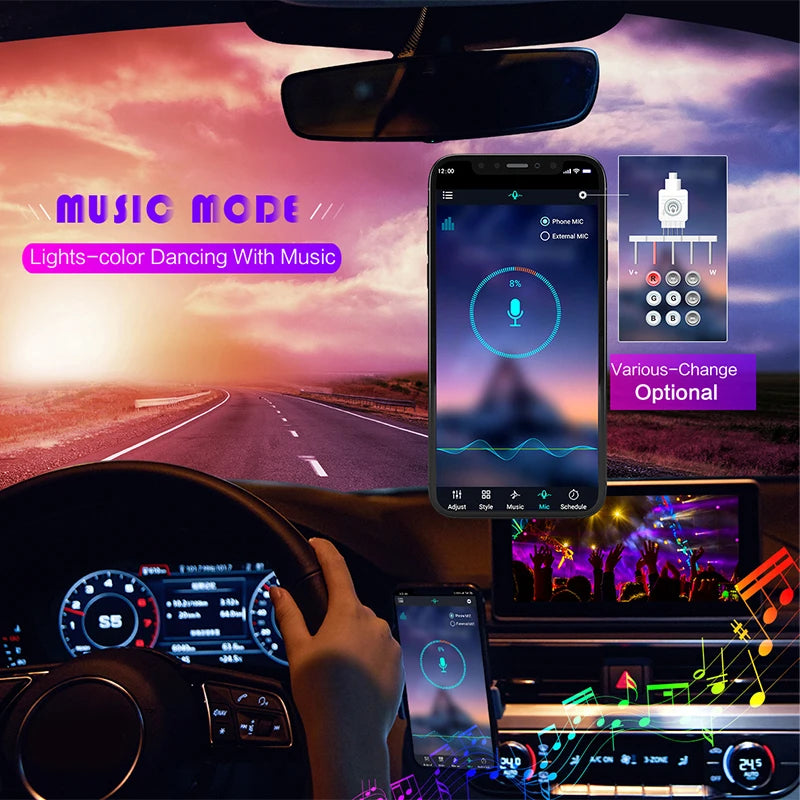 Car Ambient Led Interior Light RGB LED Backlight Strip Sync to Music Bluetooth App Control Auto Decoration Lights Car Lamp