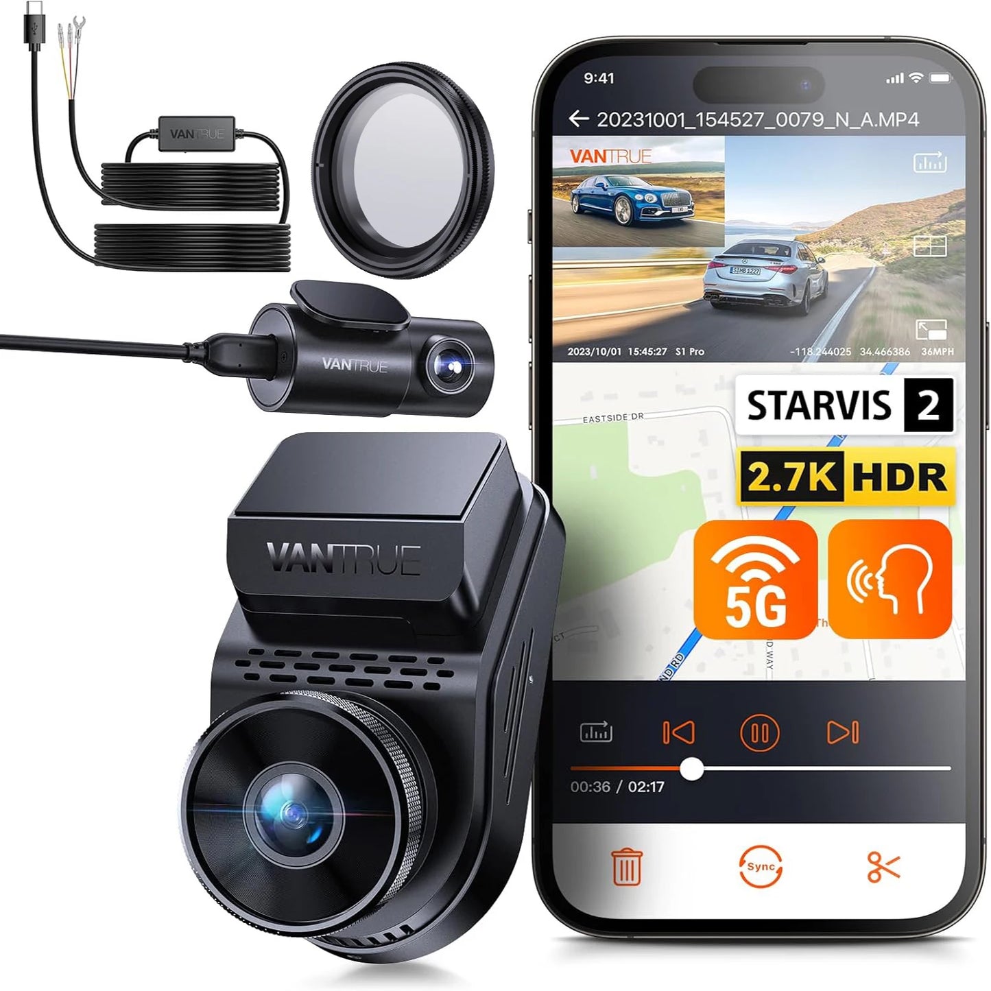 Vantrue S1Pro DashCam 2.7K Dual Dash Cam Front and Rear 5G WiFi 60FPS Hidden Dash Camera w/HDR Night Vision GPS Voice Control