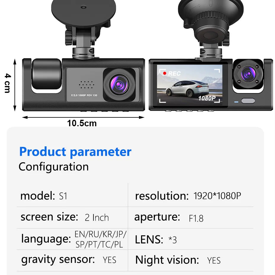 Dash Cam FHD 1080P Car Video Recorder 3 in 1 Car DVR Dashcam Rear View Camera with Rear lens Night Vision For Truck Taxi