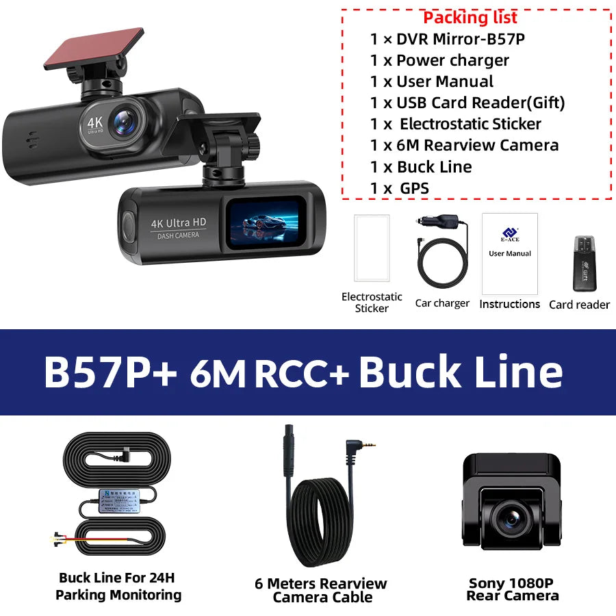 E-ACE Dashcam 4K GPS WIFI front and rear 3 channel car dvr dash cam usb 2 camera Video recorder Black box auto systems Smart
