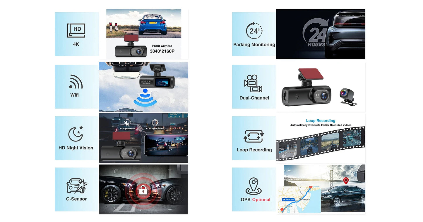 E-ACE Dashcam 4K GPS WIFI front and rear 3 channel car dvr dash cam usb 2 camera Video recorder Black box auto systems Smart