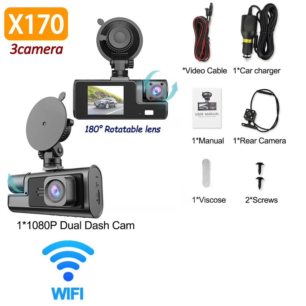 3 Camera Dash Cam For Car Camera 1080P Video Recorder WIFI Car DVR 2lens Front Rear View Camera Night Vision Car Accessories