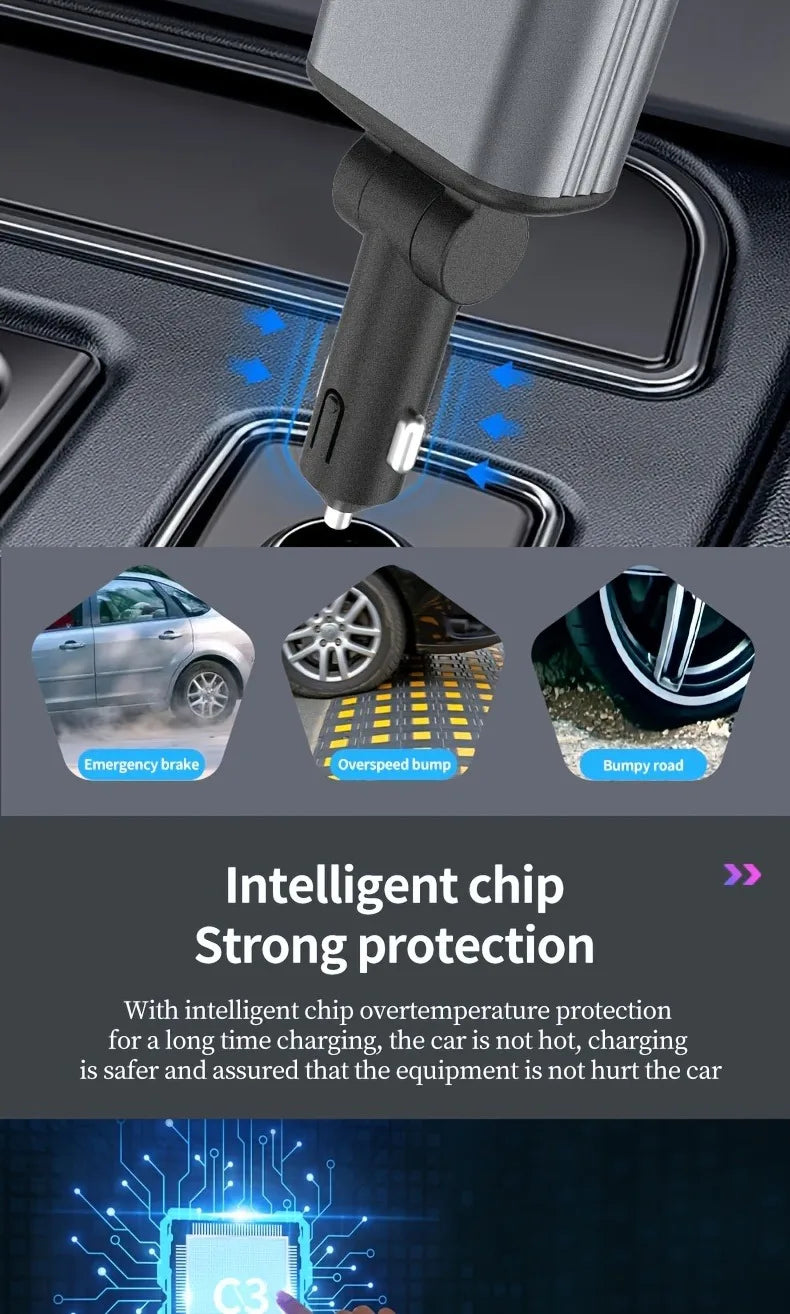 4in1 Retractable Car Charger with USB Roof Star Type-C Cable for iPhone Fast Charging Cigarette Lighter Adapter Starlight Phone
